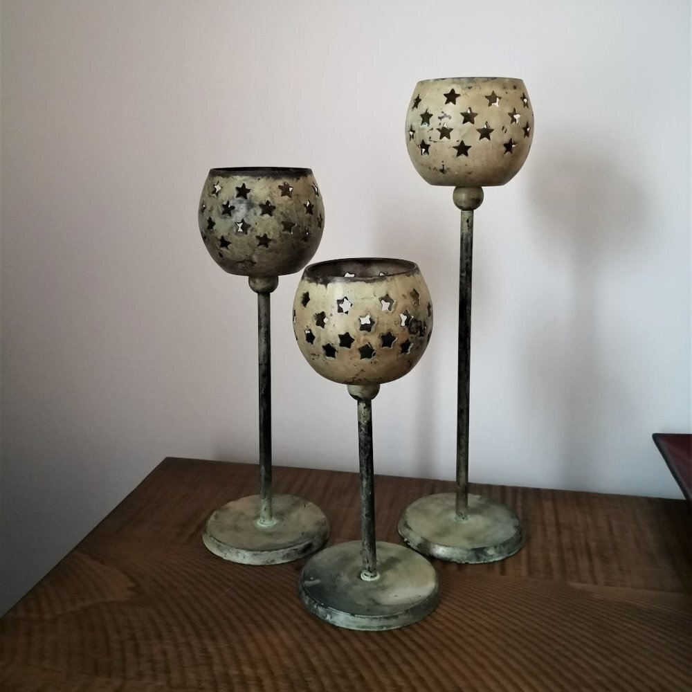 3Pcs Rustic Solid Brass Candle Holders